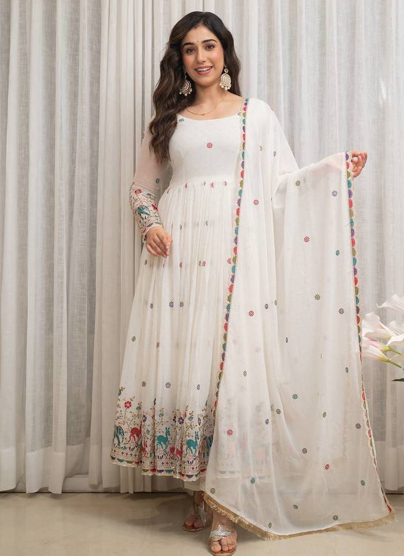 White georgette party wear embroidery suit set