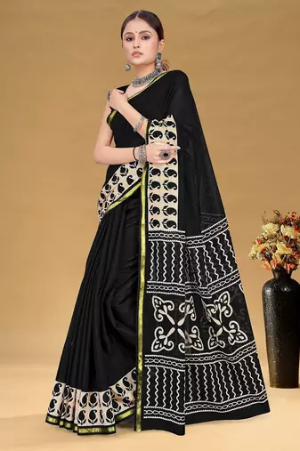 Black floral print muslin cotton saree with blouse.