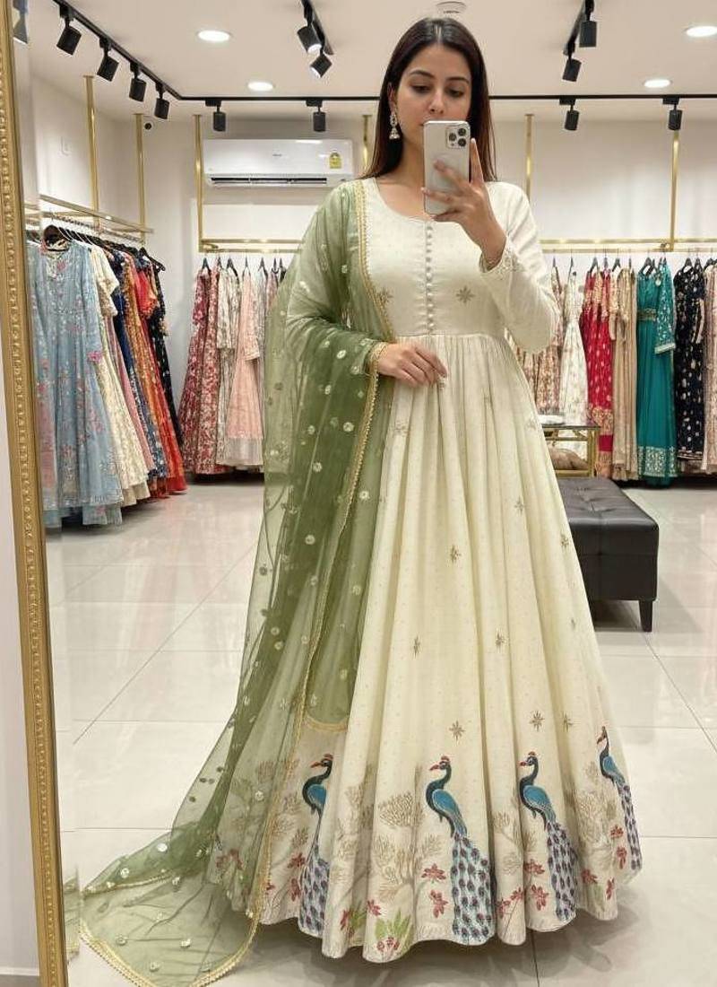 Off white silk party wear embroidery suit set