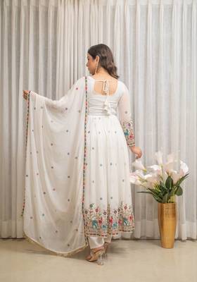White georgette party wear embroidery suit set 4