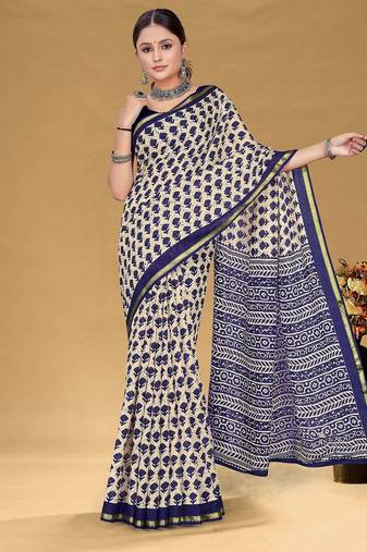 Navy blue floral print muslin cotton saree with blouse.