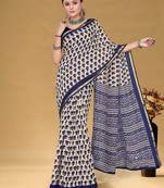 Navy blue floral print muslin cotton saree with blouse.
