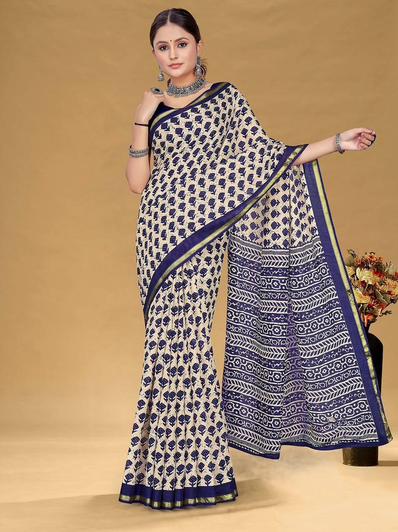 Navy blue floral print muslin cotton saree with blouse.