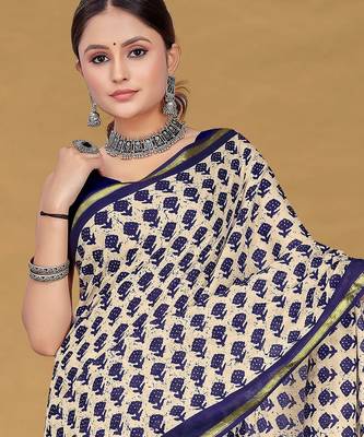 Navy blue floral print muslin cotton saree with blouse. 2