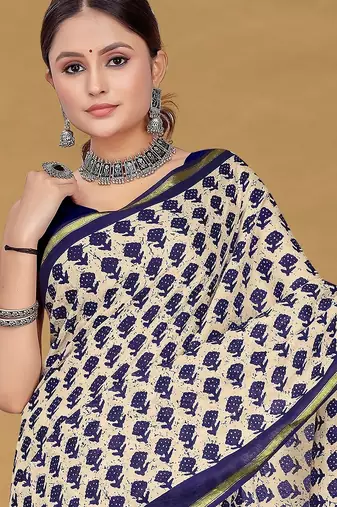 Navy blue floral print muslin cotton saree with blouse.