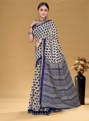 Navy blue floral print muslin cotton saree with blouse. 3