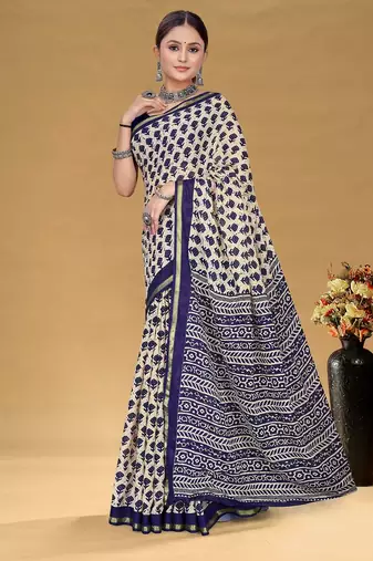 Navy blue floral print muslin cotton saree with blouse.