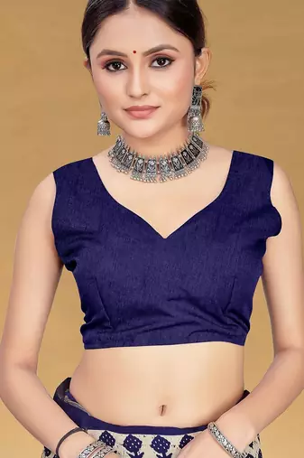 Navy blue floral print muslin cotton saree with blouse.