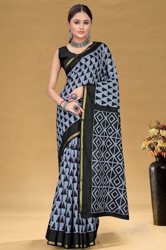 Grey floral print muslin cotton saree with blouse.