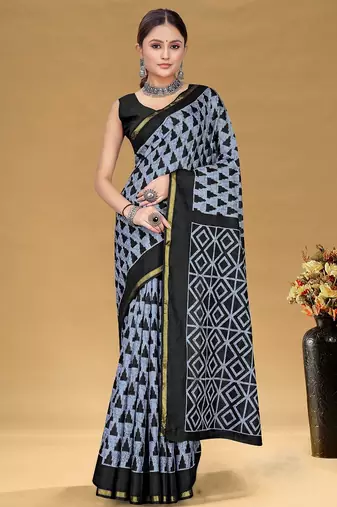 Grey floral print muslin cotton saree with blouse.