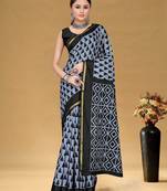 Grey floral print muslin cotton saree with blouse.