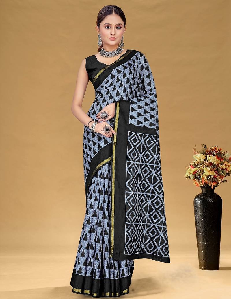 Grey floral print muslin cotton saree with blouse.