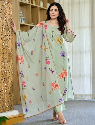 Pista green floral printed chanderi kurta pant set with matching dupatta 4