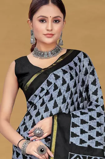 Grey floral print muslin cotton saree with blouse.