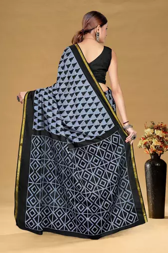 Grey floral print muslin cotton saree with blouse.