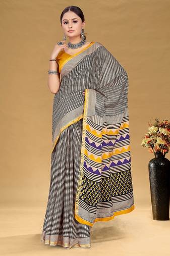 Beige floral print muslin cotton saree with blouse.
