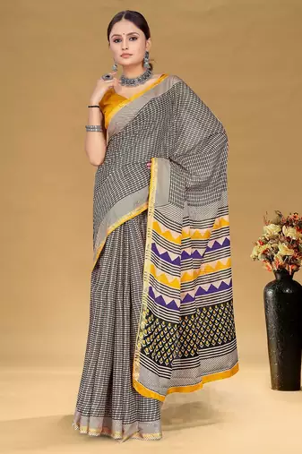Beige floral print muslin cotton saree with blouse.