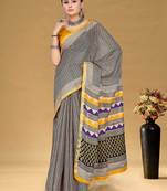 Beige floral print muslin cotton saree with blouse.