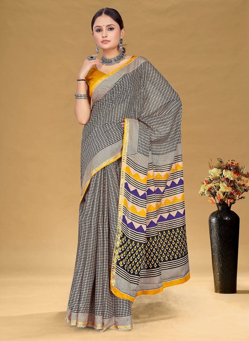 Beige floral print muslin cotton saree with blouse.