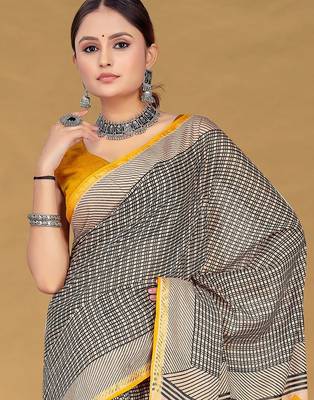 Beige floral print muslin cotton saree with blouse. 2