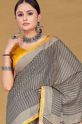 Beige floral print muslin cotton saree with blouse.