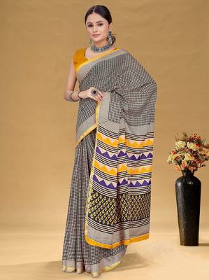 Beige floral print muslin cotton saree with blouse. 3