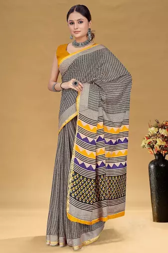 Beige floral print muslin cotton saree with blouse.