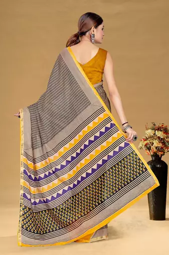 Beige floral print muslin cotton saree with blouse.