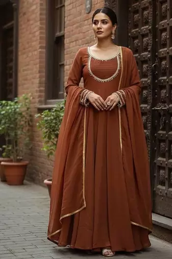 Brawn georgette party wear embroidery suit set