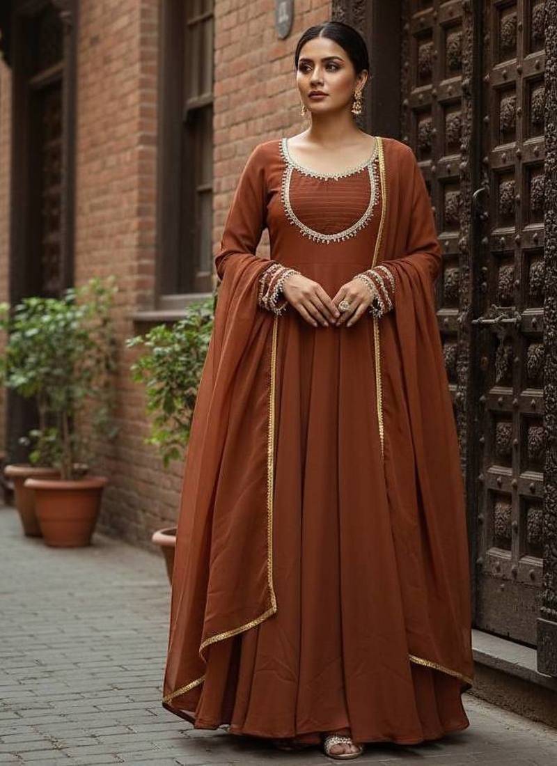 Brawn georgette party wear embroidery suit set