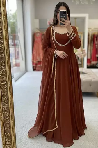 Brawn georgette party wear embroidery suit set