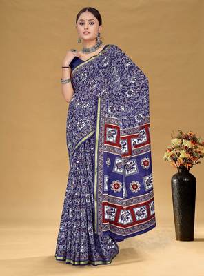 Navy blue floral print muslin cotton saree with blouse. 1