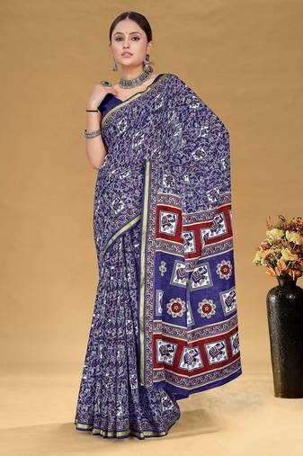 Navy blue floral print muslin cotton saree with blouse.
