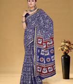Navy blue floral print muslin cotton saree with blouse.