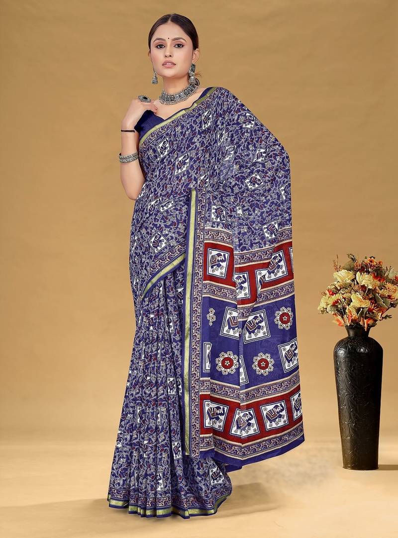 Navy blue floral print muslin cotton saree with blouse.