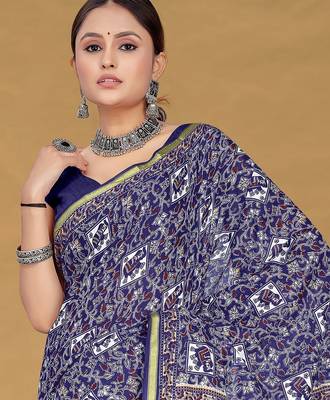 Navy blue floral print muslin cotton saree with blouse. 2
