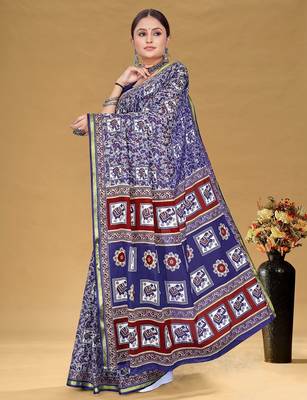 Navy blue floral print muslin cotton saree with blouse. 3