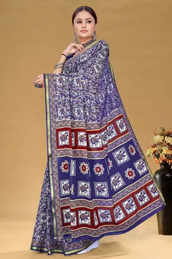 Navy blue floral print muslin cotton saree with blouse.