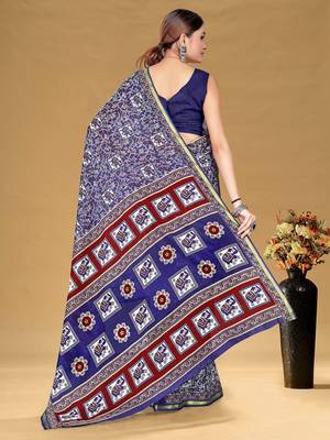 Navy blue floral print muslin cotton saree with blouse. 4