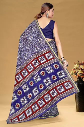 Navy blue floral print muslin cotton saree with blouse.