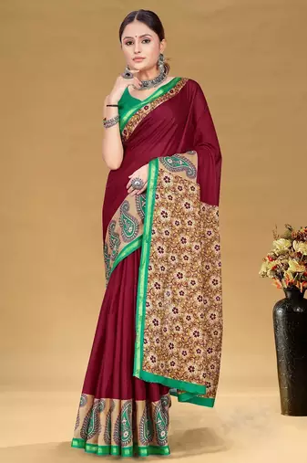 Maroon floral print muslin cotton saree with blouse.