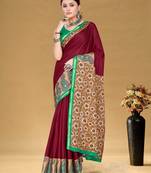Maroon floral print muslin cotton saree with blouse.
