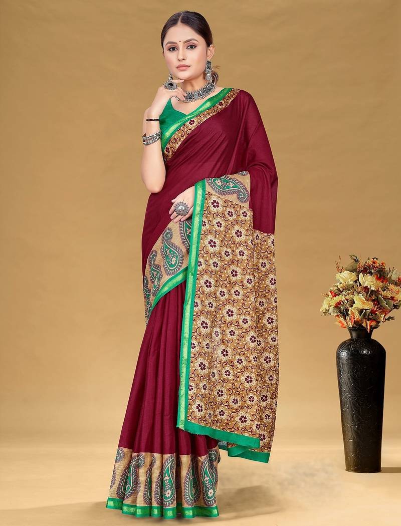 Maroon floral print muslin cotton saree with blouse.