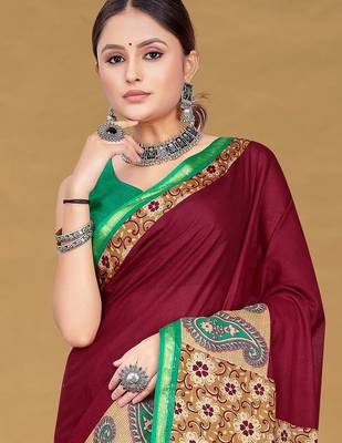 Maroon floral print muslin cotton saree with blouse. 2