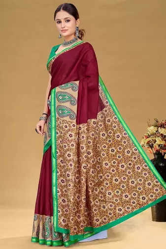 Maroon floral print muslin cotton saree with blouse.