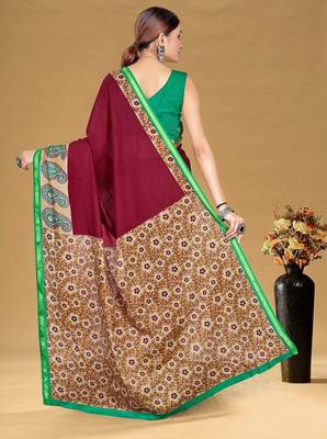 Maroon floral print muslin cotton saree with blouse. 4