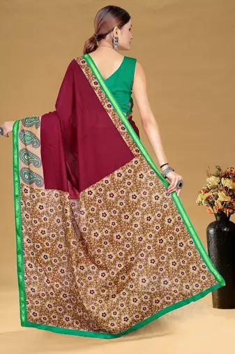 Maroon floral print muslin cotton saree with blouse.