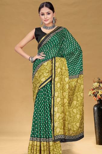 Teal green floral print muslin cotton saree with blouse.
