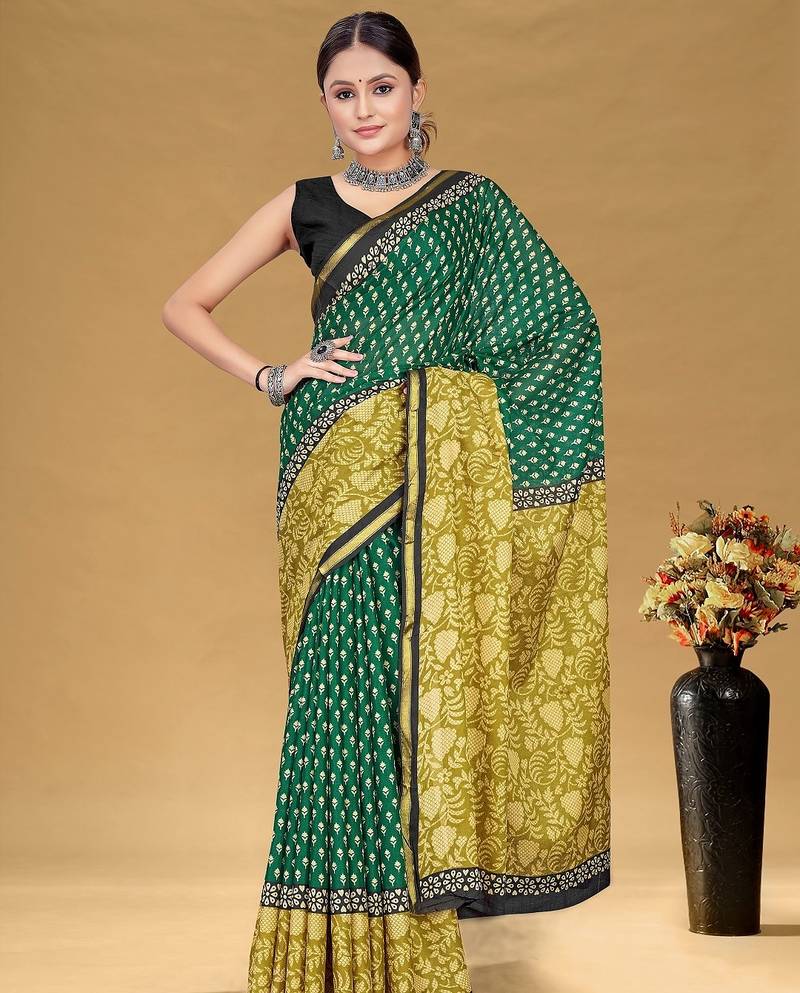 Teal green floral print muslin cotton saree with blouse.