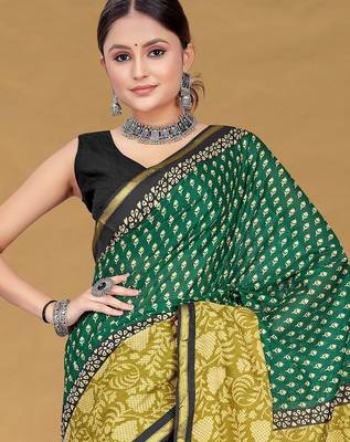 Teal green floral print muslin cotton saree with blouse. 2
